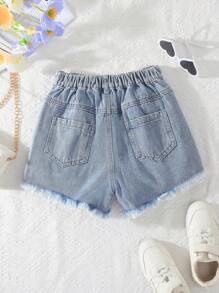 Tween-Mädchen 1 Stück Distressed Denim Jeans Personalisierte Streetwear Lässig Hellwaschung Blau Fransen Kurze Zerrissene Jeans, Frühling/Sommer