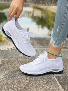 Plus Size Women's White Breathable Lace-Up Sneakers, Soft Sole Shock Absorbing Non-Slip Walking Shoes, Versatile Casual Outdoor Sports Shoes: Women's Lightweight Breathable Walking Shoes, Non-Slip Outsole, Mesh Upper, Suitable For Fitness, Travel, Work And Leisure, Casual Sneakers
