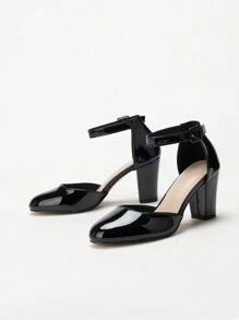 Women's Thick Heel Pointed Toe High Heels Business Casual Silver Pumps,Elegant - Graphite Black - View 4