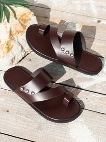 Men's Solid Color PU Sandals - Casual Minimalist Slip-On Round Toe Sandals - Spring/Summer, Autumn - Hiking And Outdoor, Daily Wear - Men - Brown - View 5