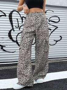 Women's Fashion Casual & Commuting Leopard Side Pocket Wide Leg Cargo Pants - Multicolor - View 7