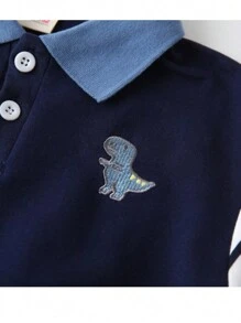 Young Boy Dinosaur Decor Patchwork Sleeve Turndown Collar Sweatshirt, Spring