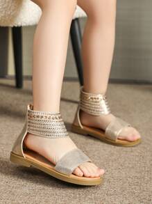 Sandalias planas con rhinestone para niños, sandalias doradas para niñas, zapatos de verano para niños de punta abierta - Dorado - Ver 5