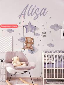 1pc Customizable Your Name Swinging Bear With Stars Wall Sticker, Removable For Bedroom, Living Room, Kids Room Decor,Multi-Functional, ,Ornamental,Reusable,Exquisite,Stylish,High-Quality,Colorful,Modern,Custom,Personalized,Unique,Ideal Gifts For Him,Ideal Gifts For Her,Boyfriend,Dad,Girlfriend,Mom,Family,Friends,Tea Room,Home,Garden,Office,For Anniversaries,For Valentine's Day,For Mother's Day,For Birthdays,For Father's Day,For Graduation,For Weddings,For Housewarming,Home Refresh