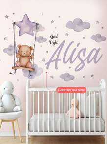 1pc Customizable Your Name Swinging Bear With Stars Wall Sticker, Removable For Bedroom, Living Room, Kids Room Decor,Multi-Functional, ,Ornamental,Reusable,Exquisite,Stylish,High-Quality,Colorful,Modern,Custom,Personalized,Unique,Ideal Gifts For Him,Ideal Gifts For Her,Boyfriend,Dad,Girlfriend,Mom,Family,Friends,Tea Room,Home,Garden,Office,For Anniversaries,For Valentine's Day,For Mother's Day,For Birthdays,For Father's Day,For Graduation,For Weddings,For Housewarming,Home Refresh