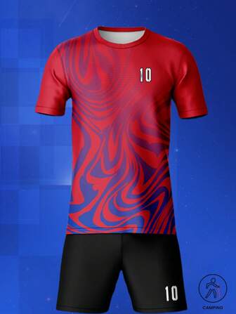 2pcs/Set Men's Fashion 3D Football Print Breathable & Comfortable Sport Suit For Summer