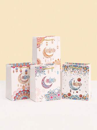 随机 6 件/12 件开斋节精美礼品手提袋 7*9 英寸，白色印花精美包装袋，适合斋月开斋节，礼品包装胶带，派对礼品手提袋