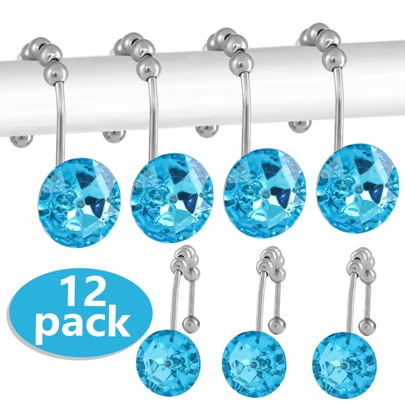 12pcs Shower Curtain Hooks Diamond Shape Shower Rings Round Acrylic Decorative Rhinestones Bling Rolling Bathroom Bath