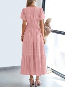 Womens Summer Maxi Dresses Short Sleeve High Waist Tiered Flowy A-Line Boho Bohemian Beach Long Dress Holiday Vacation Beach Valentine Long Dress Outfit - 豆沙粉 - 查看 2
