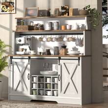 55'' Farmhouse Coffee Bar Cabinet With 3 Tier Storage Hutch, Coffee Bar Station With Sliding Barn Door, Hutch Storage Cabinet With 12 Wine Racks & 9 Hooks For Kitchen Dining Living Room