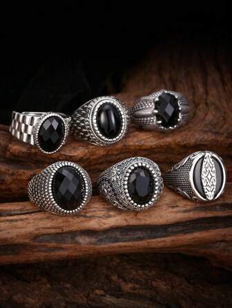 1 件 925 纯银复古风格黑玛瑙锆石可调节戒指，时尚流行，适合男士日常佩戴