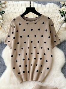 两件套女士春季针织衫套装，温柔简约圆领，韩版风格，短袖波点上衣+直筒针织裙，女士街头休闲夏季穿搭 - 卡其色 - 查看 3