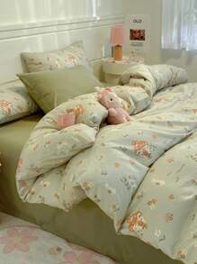 4pcs Mushroom Design Bedding Set, Cute Cartoon Polyester Printed Duvet Cover Set, Mushroom Rabbit Flower Pattern, Children's Bedding Set (1 Duvet Cover + 1 Bed Sheet + 2 Pillow Cases, No Filler)