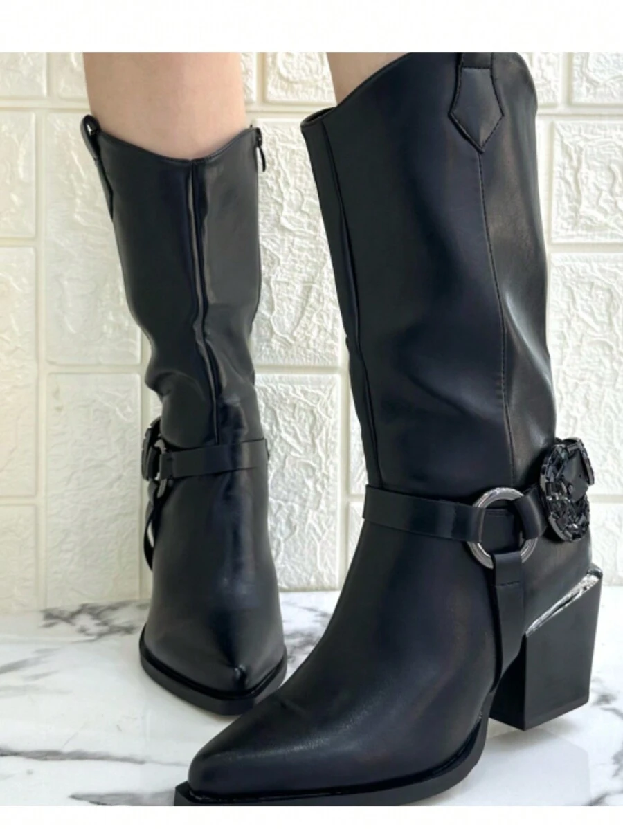 2025秋冬女款过膝靴黑色优雅方头鞋高跟鞋返校季情人节适合约会聚会逛街通勤