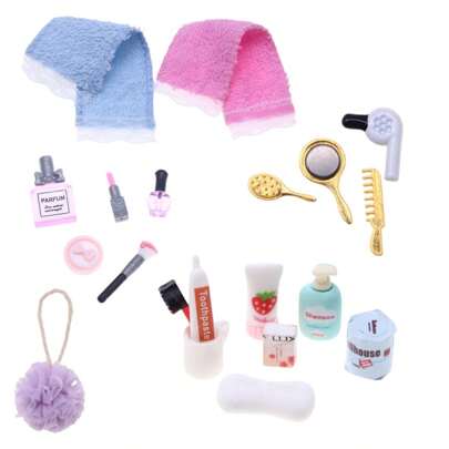 娃娃屋配件-迷你口红、香水、浴室套装、毛巾、吹风机、BJD微型沐浴场景化妆道具、微型玩具、装饰模型