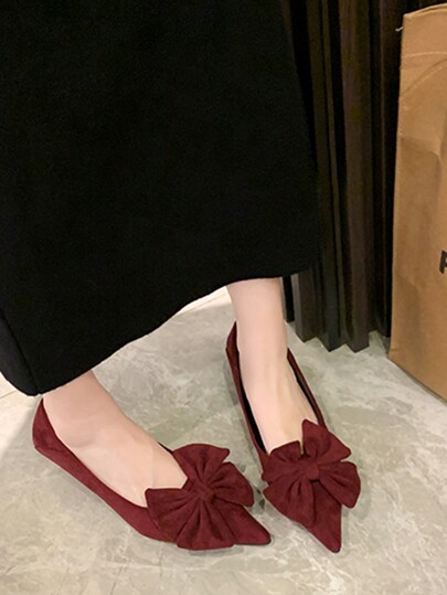 French Style Pointed Toe Flats Shoes For Women, 2025 Spring Autumn New Arrival Red Wedding Shoes With Bow Decor, Suede Material, Low Vamp, Thin Heels