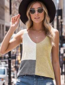 hoteel Women's V Neck Knit Tank Tops Casual Color Block Striped Sleeveless Shirts