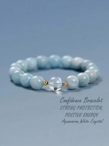 1pc Aquamarine & White Crystal Bracelet - Good Luck, Calming ,Peace, Love,Healing Crystal Spiritual Protection Meditation Jewelry-Ideal Gifts - Baby Blue - View 3