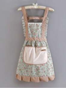 1 pieza Delantal de limpieza con estampado floral country, delantal vintage floral para cocina de mujer para adultos, delantal con volantes de estampado floral, para cocina, baño, decoración del hogar