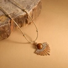 1 peça Vintage Oval Tiger Eye Stone & Geometric Pendant Necklace, Joia Bonita e Chique para Mulheres, Adequado para Festa, Presente de Dia dos Namorados para Namorada - Ouro amarelo - Ver 4