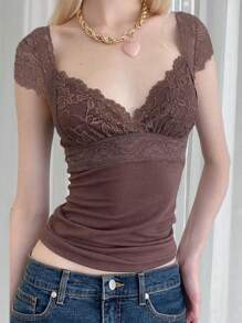 Women Y2k Cap Sleeve T-Shirts Fairy Grunge Lace Patchwork Sweetheart Neckline Slim Fit Shirts Summer Tees Fashion Tops Streetwear For E-Girl 90s Vintage Aesthetic Clothes 2000s - 棕色 - 查看 1