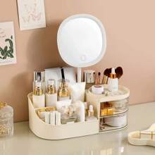 Makeup Storage Box With Mirror Desktop Dressing Table Makeup Mirror Cosmetics Jewelry Storage Box Touch Light Storage Organizer