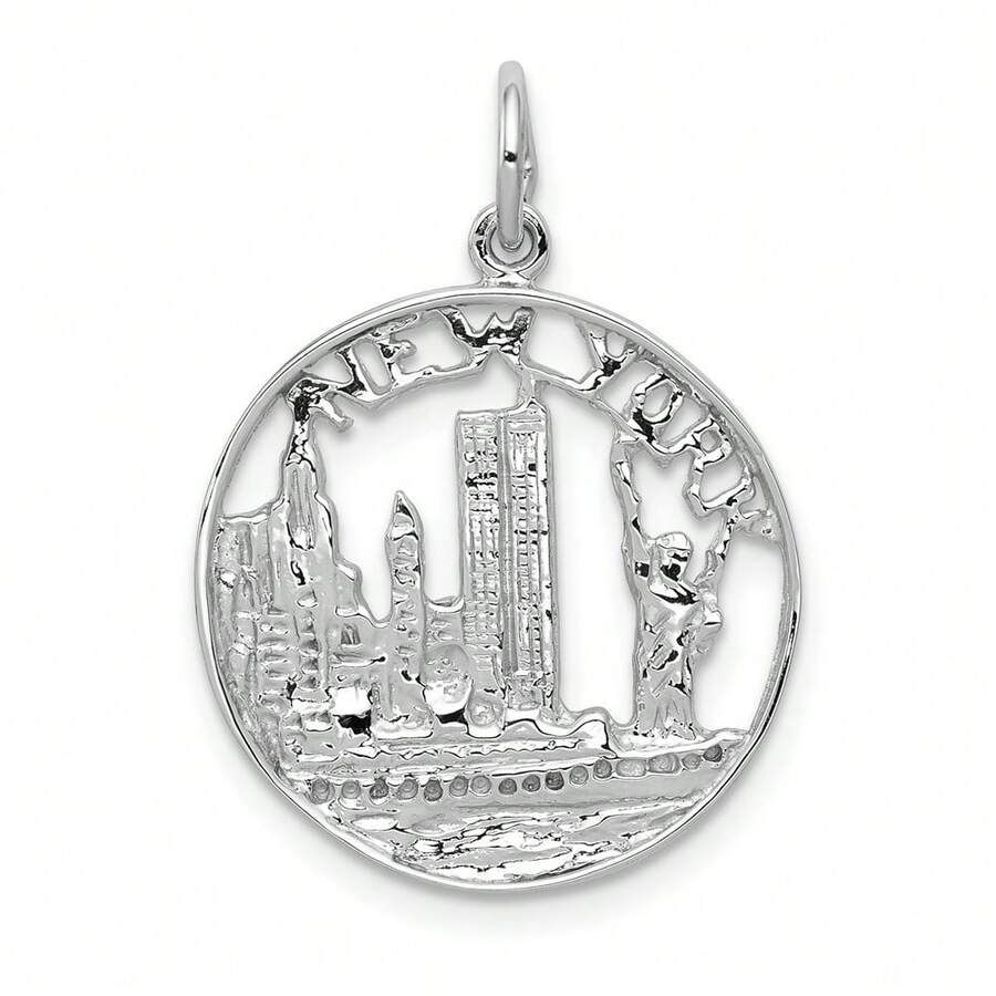 14k White Gold Solid Polished NEW YORK Skyline Charm Pendant (L-0.98 Inch,W-0.7 Inch) 1.35 Gram