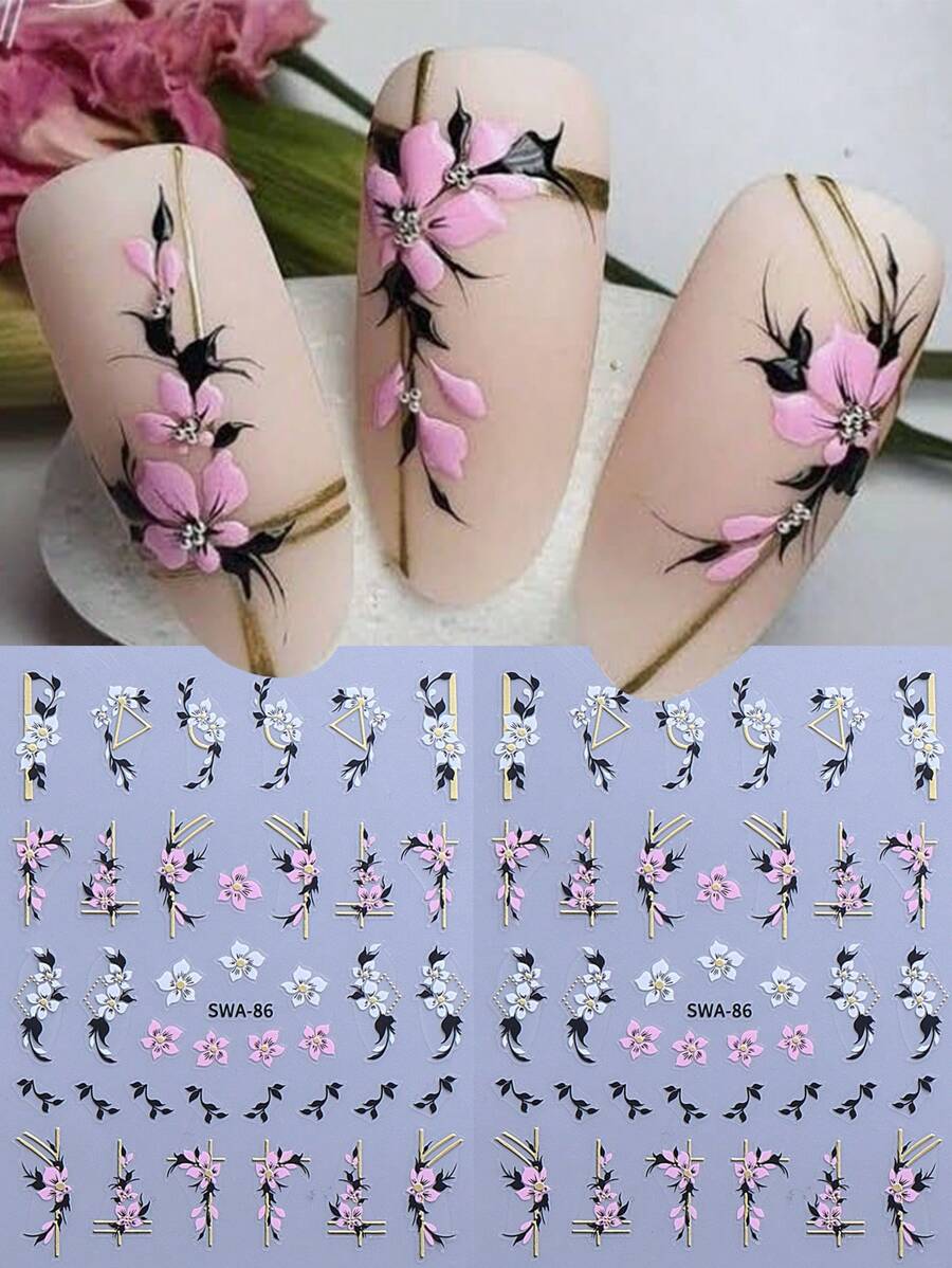 2片装3D春季花朵美甲贴纸，粉色黄色花叶金色线条几何图案，3D自粘美甲设计，女士美甲用品 - 彩色 - 查看 1