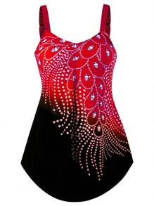 Women Plus Size One-Piece Swimsuit With Rhinestones Contrast Color Swimwear,Sizes S-6XL - Red - View 3
