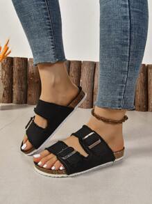 New Fashion Purple Soft Cork Base Women Flat Single Buckle Mule Sandals, Suitable For Outdoor Activities And Beach. Spring/Summer, Thick Soft Cork Sole And Single Strap Slippers - Black - View 5