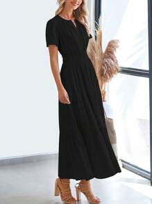 Womens Summer Maxi Dresses Short Sleeve High Waist Tiered Flowy A-Line Boho Bohemian Beach Long Dress Holiday Vacation Beach Valentine Long Dress Outfit - màu đen - Xem 4
