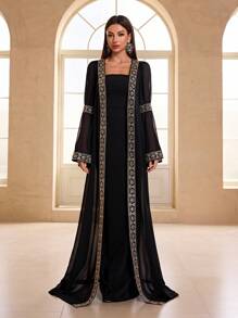 YISIKADO 2 件套女士晚会礼服，阿拉伯风格内裙和外披肩，配金色腰带和喇叭袖，婚礼宾客礼服，礼服，长袍 - 黑色 - 查看 7