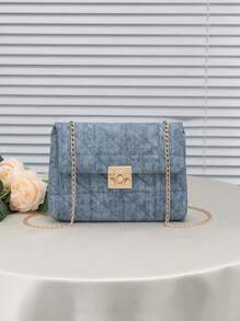 Snap Button Embroidered Chain Rhombic Shoulder&Crossbody Bag, Fashion Versatile Women Denim Effect Handbag - Blue - View 1