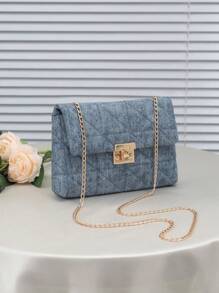 Snap Button Embroidered Chain Rhombic Shoulder&Crossbody Bag, Fashion Versatile Women Denim Effect Handbag - Blue - View 2