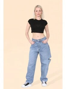 Women's Denim Blue High Waist Loose Baggy Boyfriend Flared Jeans With Side Slim Cut Knees - Classic Vintage Tapered Denim Pants Casual Streetwear - Blue - View 5