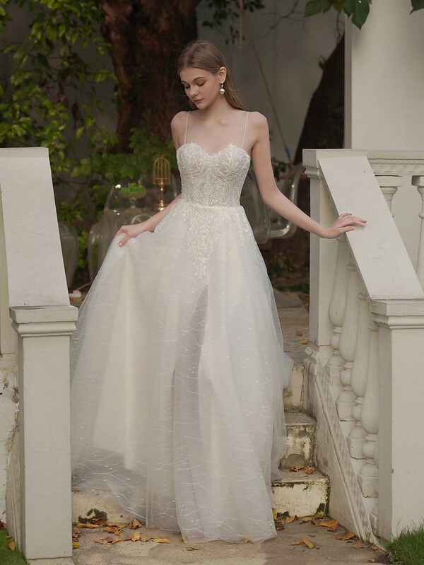 ANGELAG Vestido de noiva bordado com contas renda sexy fenda longa cauda espaguete alças ao ar livre novo vestido de noiva