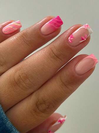 用它来换你的指甲，24片/套，时尚简约粉色法式渐变立体浮雕线条花朵中号方形按压式假指甲片，配果冻胶和指甲锉，适合女生和女士日常、外出及节日美甲用品