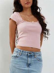 Women Girls Y2K Short Sleeve Shirt Top Fairy Grunge Lace Trim Square Neck Vintage T-Shirts Aesthetic Slim Fit Crop Tees Tops Streetwear - 粉色 - 查看 2
