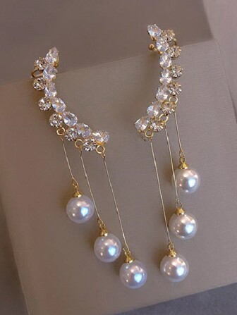 2 件立方氧化锆仿珍珠耳环，奢华流苏长耳环，女士适用