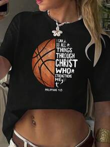 Basketball Print T-Shirt, Casual Crew Neck Short Sleeve Comfort Tee Top For Spring & Summer, Women's Clothing