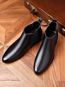 Men's Pointed Toe High Top Leather Ankle Boots, British Style Korean Fashion Versatile Boots - Black - View 3