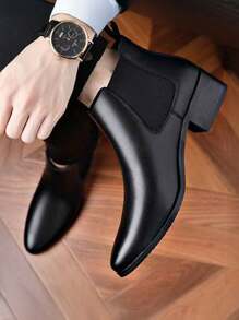 Men's Pointed Toe High Top Leather Ankle Boots, British Style Korean Fashion Versatile Boots - Black - View 4