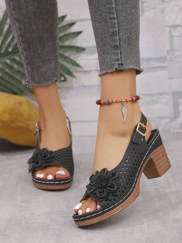 Women's Hollow Out Breathable Round Toe High Heel Sandals, Fashion Casual French Design Platform Shoes For Summer