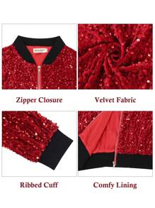 Women's Sparkly Sequin Jacket Glitter Long Sleeves Front Zip Up Bomber Jacket With Ribbed Cuffs - 紅色 - 查看 5
