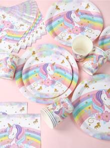 Set da 8 pezzi Decorazioni da tavola monouso a tema Unicorno, 8 piatti di carta usa e getta da 7 e 9 pollici, 8 bicchieri di carta, 16 tovaglioli, posate di carta, adatti per feste di famiglia, stile arcobaleno unicorno, articoli per compleanni