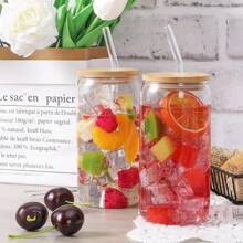 8pc, Glass Cup With Bamboo Lid And Glass Straw+Straw Brush, Exquisite Glass Cup, Straw Cup Perfect For Soda Water, Boba Tea, Cocktails, Beer, Iced Coffee Cup 18.7 Ounces - trong suốt - Xem 11