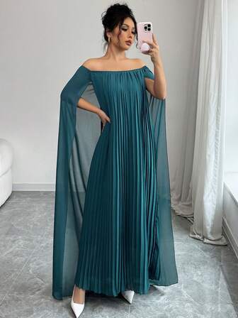 女士褶皱雪纺开袖连衣裙