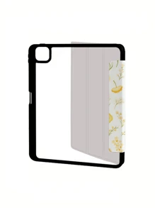 1 件透明亚克力多角度可折叠平板平板电脑保护套，别致可爱的黄色花卉印花，简约时尚的三折保护套，带笔槽，睡眠/唤醒功能，兼容 iPad/Tab - 黃色 - 查看 2