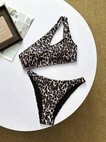 2025 Damen sexy 2-teiliges Mode Leoparden-Muster Neckholder Rückenfreier High-Cut Bikini Set, Sommer Strand Urlaub sexy Outfit
