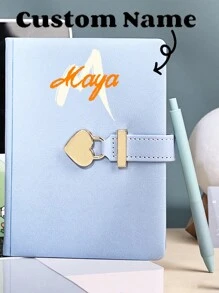 1pc Personalized Creative Customizable Name Or Initial Letter Lock & Key Girls Diary Notebook Gift, New Lovely Heart Keychain Notepad, Simple Classy Gold Foil Business Planner Memo Pad, Cute Leather Journal For Work,School Supplies,Back To School